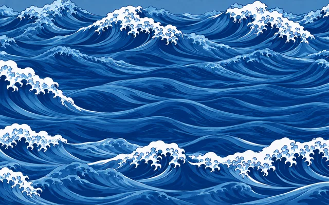Illustrated blue ocean waves with white curling foam
